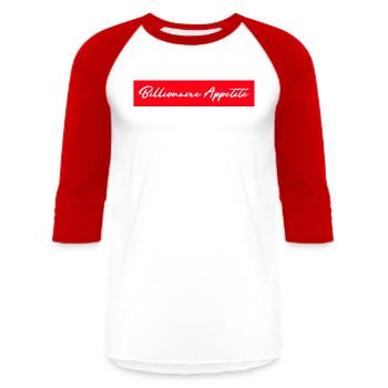 Billionaire Appetite (Red) - Unisex Baseball T-Shirt - white/red - Front - AI Model Female 172 light (172cm) & AI Model Male 178 light (178cm)