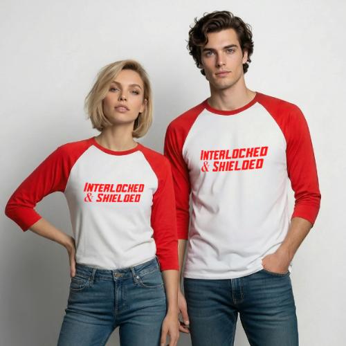 INTERLOCKED & SHIELDED - RED DESIGN - Unisex Baseball T-Shirt