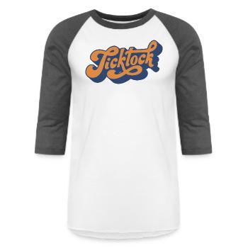 TickTock. Funky Vintage - Unisex Baseball T-Shirt - white/charcoal - Front - AI Model Female 172 light (172cm) & AI Model Male 178 light (178cm)