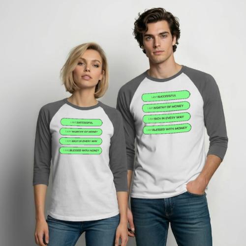 Powerful Money Affirmations Merch for Wealth - Unisex Baseball T-Shirt