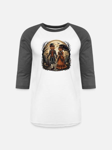 Moonlit Pumpkin Couple - Unisex Baseball T-Shirt - white/charcoal