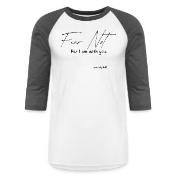 Fear Not Isaiah black print - Unisex Baseball T-Shirt - white/charcoal - Front - AI Model Female 172 light (172cm) & AI Model Male 178 light (178cm)