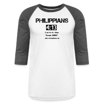 Christian Bible Verse - Unisex Baseball T-Shirt - white/charcoal - Front - AI Model Female 172 light (172cm) & AI Model Male 178 light (178cm)