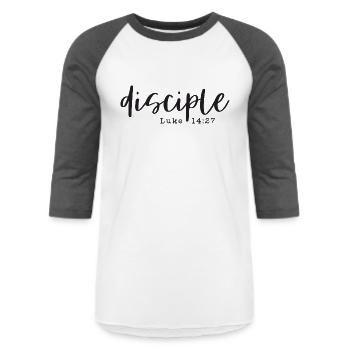 Disciple Bible Verse Christian - Unisex Baseball T-Shirt - white/charcoal - Front - AI Model Female 172 light (172cm) & AI Model Male 178 light (178cm)