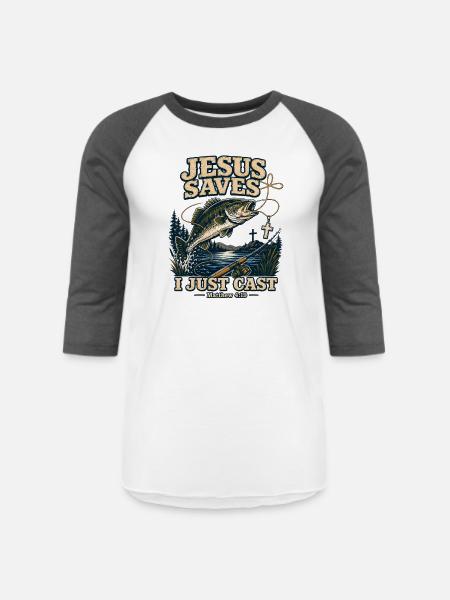 Jesus Saves I Just Cast Christian Fishing - Unisex Baseball T-Shirt - white/charcoal