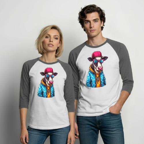 Gangster Cow Wearing a Cap - Unisex Baseball T-Shirt