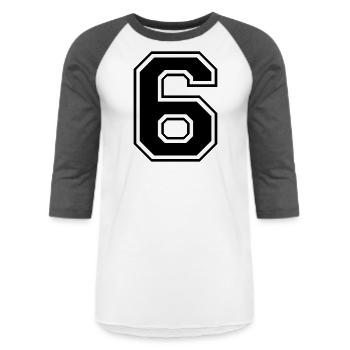 Number 6 Six Seis (1-color customizable) - Unisex Baseball T-Shirt - white/charcoal - Front - AI Model Female 172 light (172cm) & AI Model Male 178 light (178cm)
