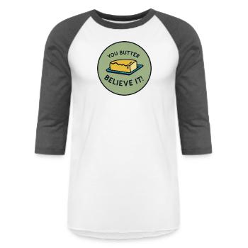 food pun - Unisex Baseball T-Shirt - white/charcoal - Front - AI Model Female 172 light (172cm) & AI Model Male 178 light (178cm)
