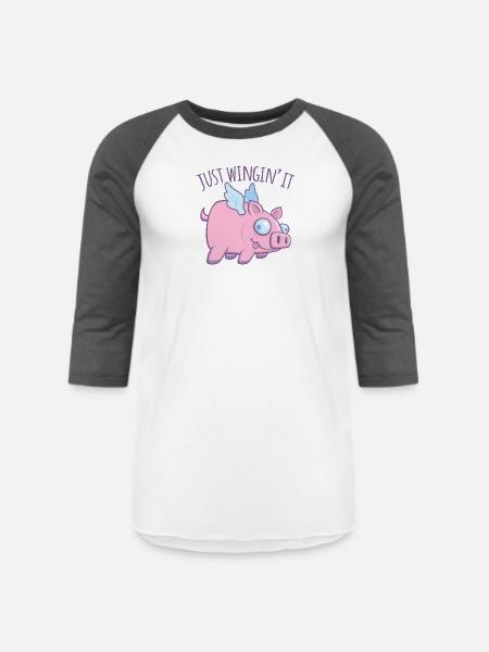 Just Wingin’ It Derpy Flying Pig - Unisex Baseball T-Shirt - white/charcoal
