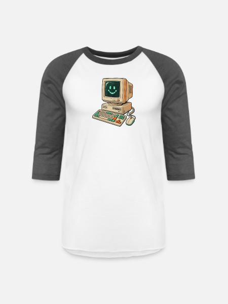 Retro Pixel Smile Computer - Unisex Baseball T-Shirt - white/charcoal