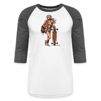 Skateboard Pin-Up - Unisex Baseball T-Shirt - white/charcoal - Front - AI Model Female 172 light (172cm) & AI Model Male 178 light (178cm)