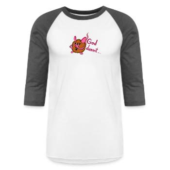 For fucks sake…. - Unisex Baseball T-Shirt - white/charcoal - Front - AI Model Female 172 light (172cm) & AI Model Male 178 light (178cm)