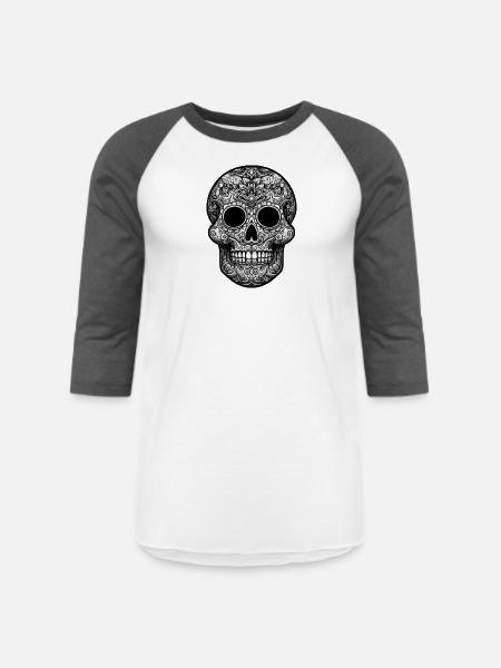 Sugar Skull Art Tee - Unisex Baseball T-Shirt - white/charcoal