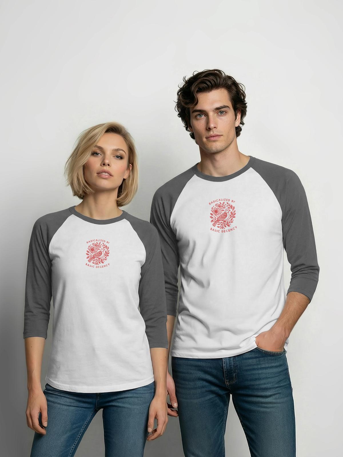Radicalized-by-basic-decency - Unisex Baseball T-Shirt - white/charcoal - Front - AI Model Female 172 light (172cm) & AI Model Male 178 light (178cm)