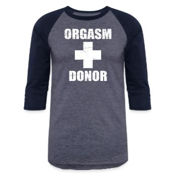 Dirty Adult Humor Orgasm Donor Designs - Unisex Baseball T-Shirt - heather blue/navy - Front - AI Model Female 172 light (172cm) & AI Model Male 178 light (178cm)