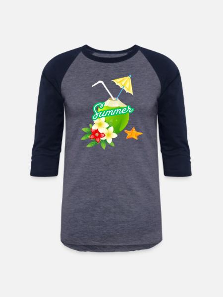 Tropical Summer Coconut with Flowers - Unisex Baseball T-Shirt - heather blue/navy