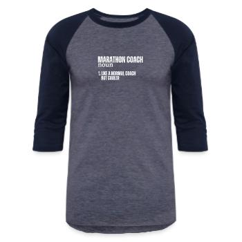 Marathon Coach Definition Funny Marathon - Unisex Baseball T-Shirt - heather blue/navy - Front - AI Model Female 172 light (172cm) & AI Model Male 178 light (178cm)