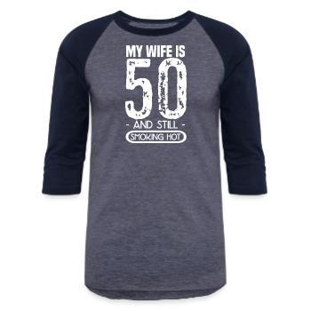 50th Birthday My Wife Is 50 - Unisex Baseball T-Shirt - heather blue/navy - Front - AI Model Female 172 light (172cm) & AI Model Male 178 light (178cm)