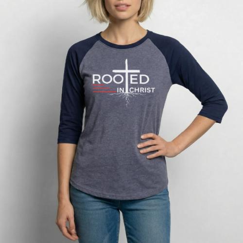 Rooted in Christ (white) - Colossians 2:7 - Unisex Baseball T-Shirt