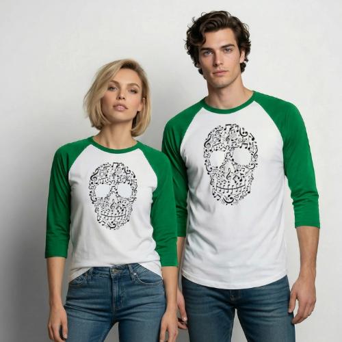 Skull Face in Musical Notes - Black - Unisex Baseball T-Shirt