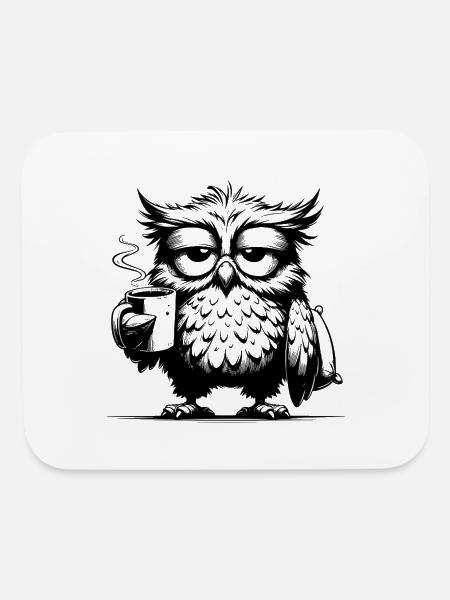 Funny Tired Comic Owl With Coffee Deficit - Mouse pad Horizontal - white - Front