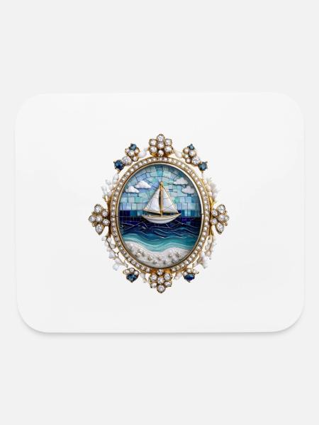 Nautical-Themed Brooch with Sailboat and Gemstones - Mouse pad Horizontal - white - Front