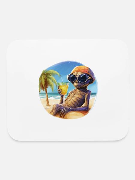 An alien is at the beach sipping on a drink - Mouse pad Horizontal - white - Front